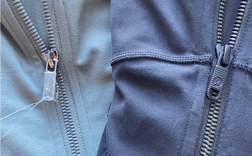 inspired by Lululemon hooded define jacket, alternative by CRZ Yoga - photo showing the lulu zipper next to the crz zipper