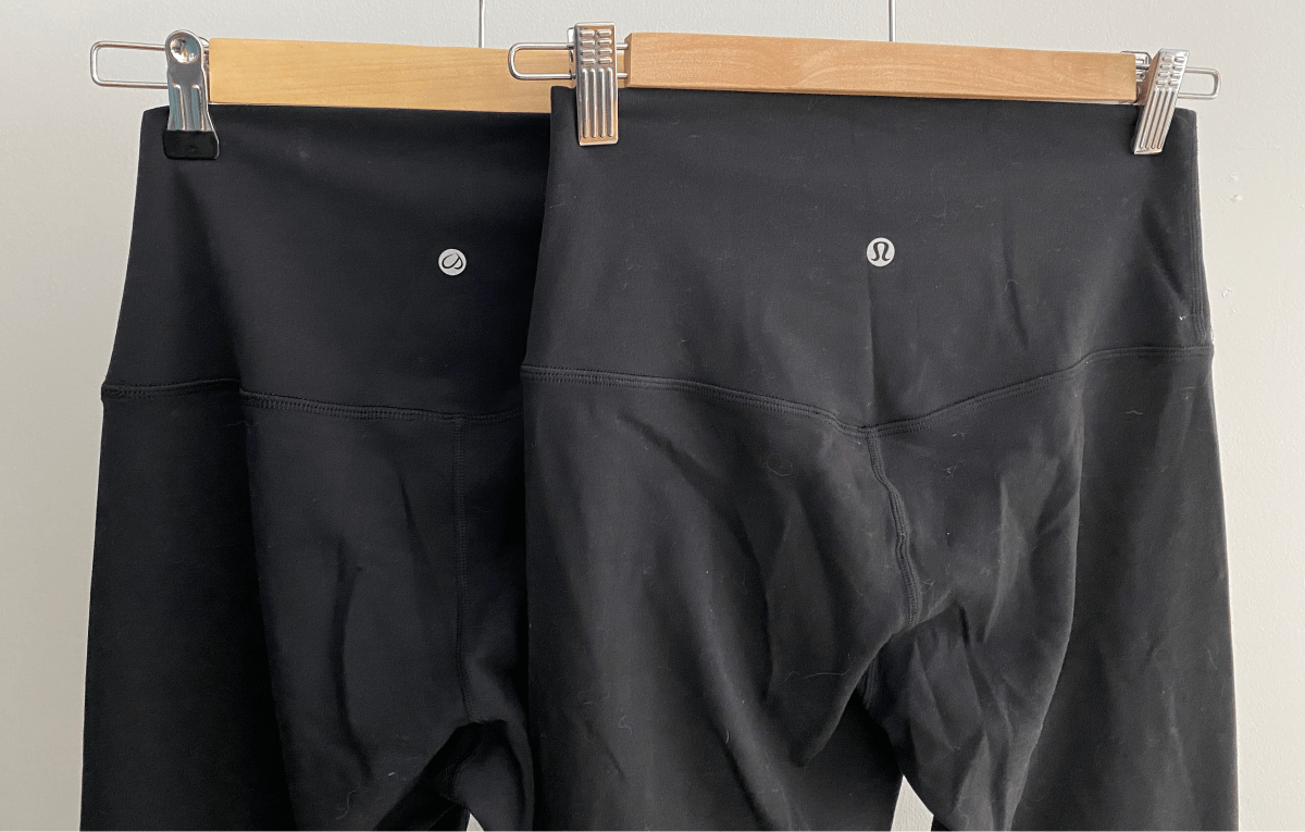 a pair of black crz yoga butterluxe leggings hanging next to the very similar lululemon align leggings